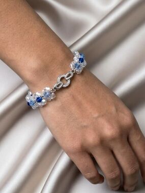 Artisan Swarovski Bracelet with Blue/Clear Crystal Flowers
